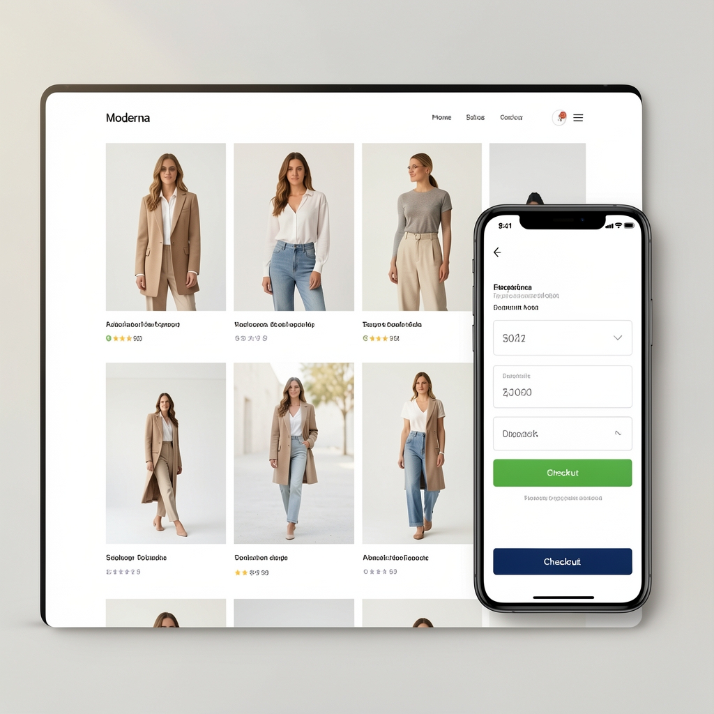 Модерна fashion е-трговинска веб страница са чистим дизајном, фотографијама производа и брзим checkout процесом приказаним на десктоп и мобилном уређају