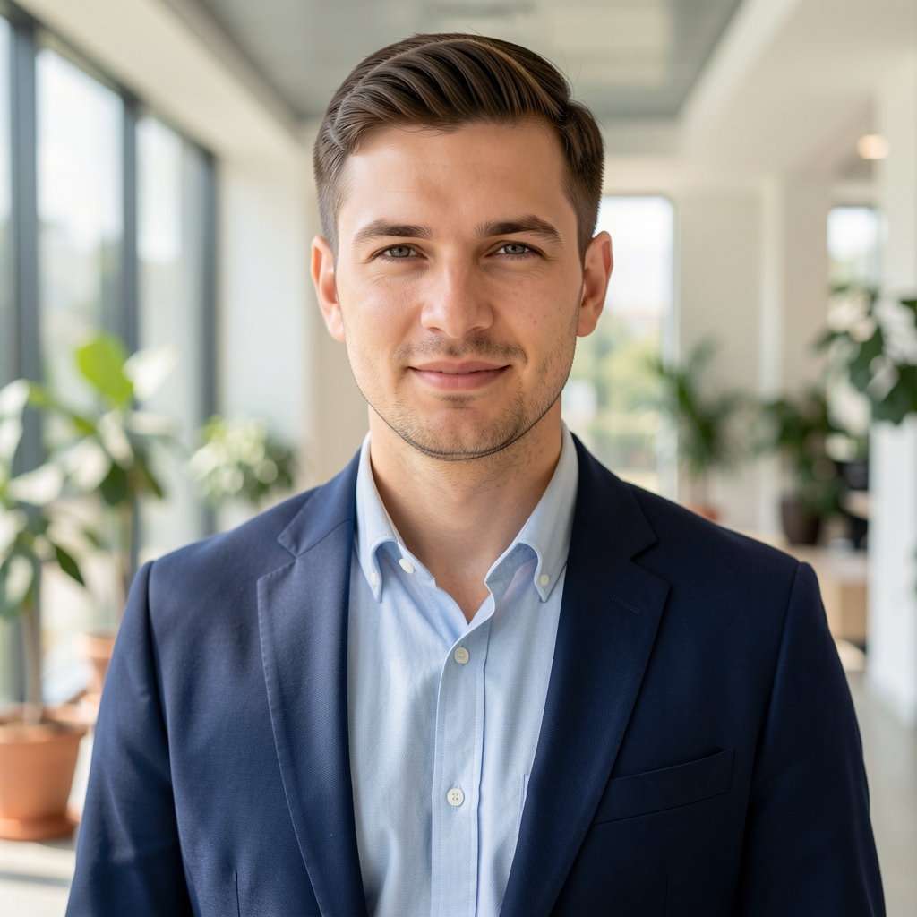 Драган Петровић, технички директор Ponder Analytics, мушкарац у casual пословном стилу у сунчаном отвореном простору канцеларије